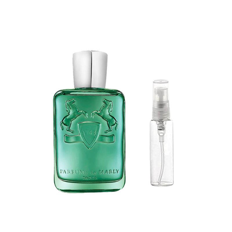 Green perfume sample bottle with horses crest, white cap; clear 2ml spray bottle