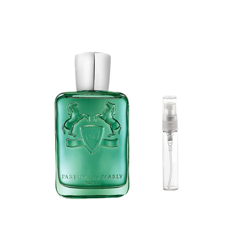 Green perfume sample bottle with horses crest, white cap; clear 2ml atomizer vial