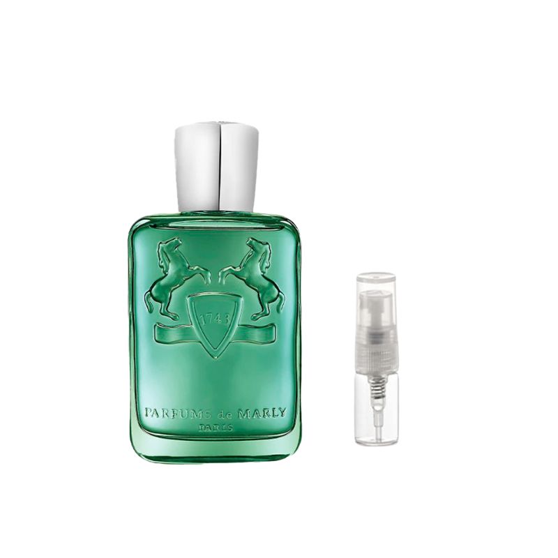 Green perfume sample bottle with horses crest, white cap; clear 2ml spray vial