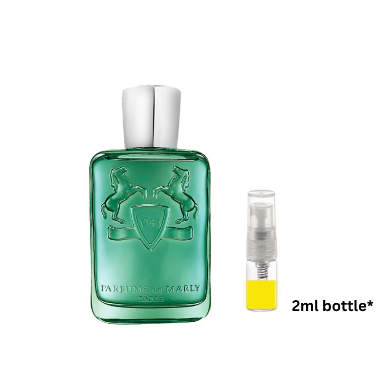 Green perfume sample bottle with horses crest, white cap; 2ml spray vial