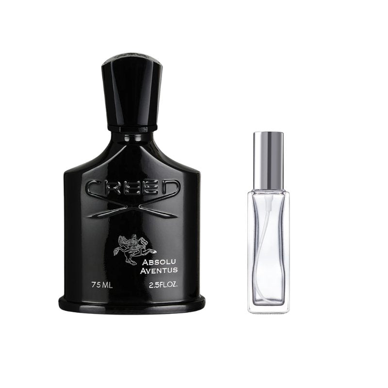 Black perfume bottle with clear travel bottle and silver atomizer cap