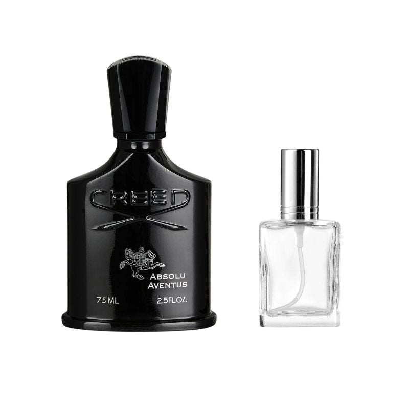 Black perfume bottle with clear refill bottle and silver cap