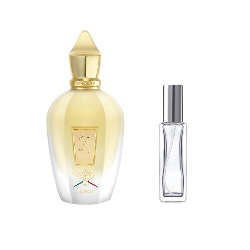 Eau de parfum bottle with gold cap beside clear travel spray bottle with silver cap