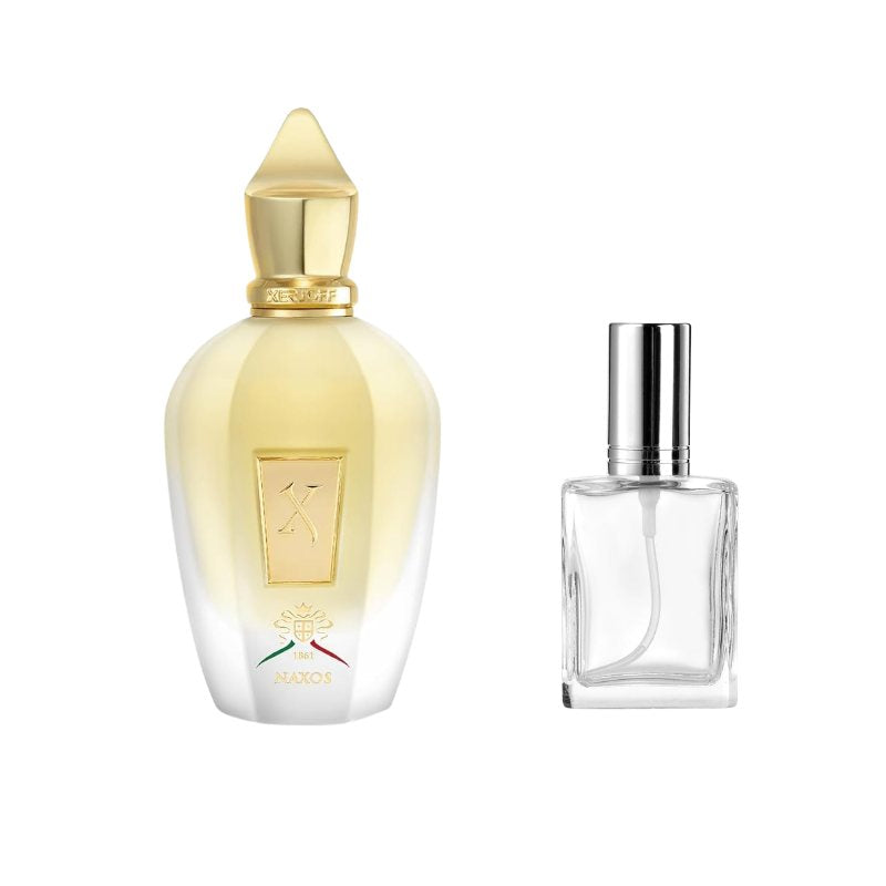 Eau de parfum bottle with gold cap beside clear square spray bottle with black cap