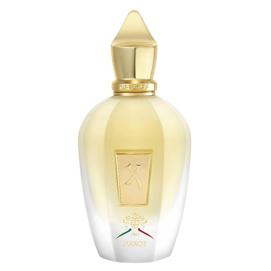 Eau de parfum bottle with gold cap and frosted pale yellow glass body