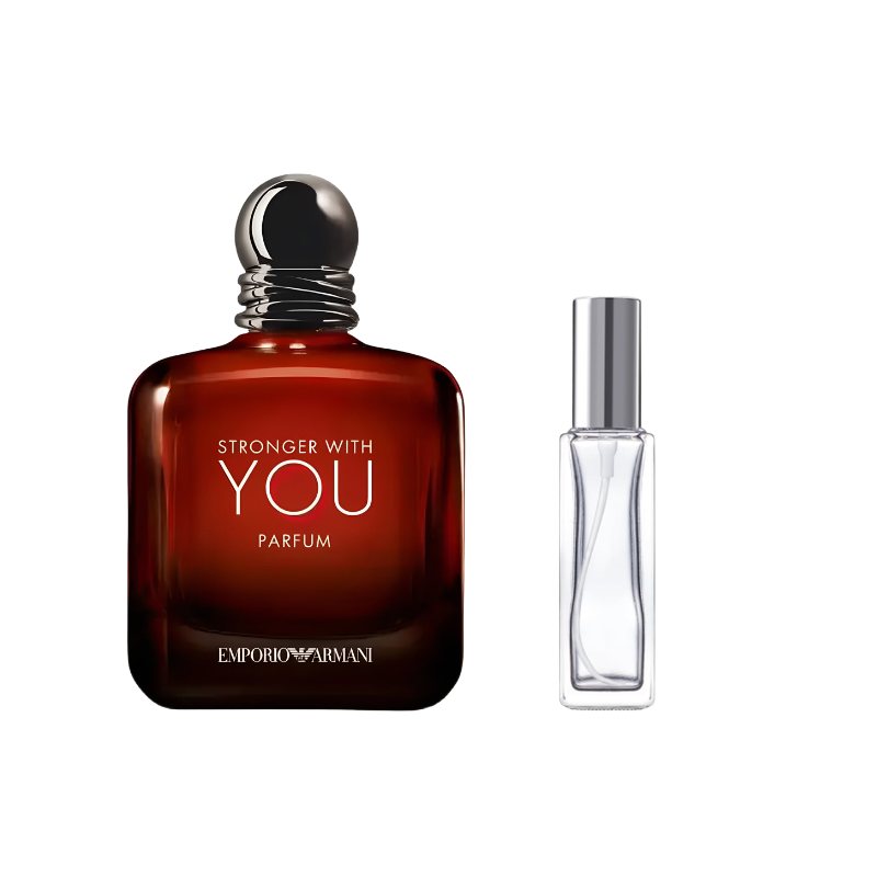 Amber-brown perfume bottle with black cap beside clear 20 ml slim spray bottle