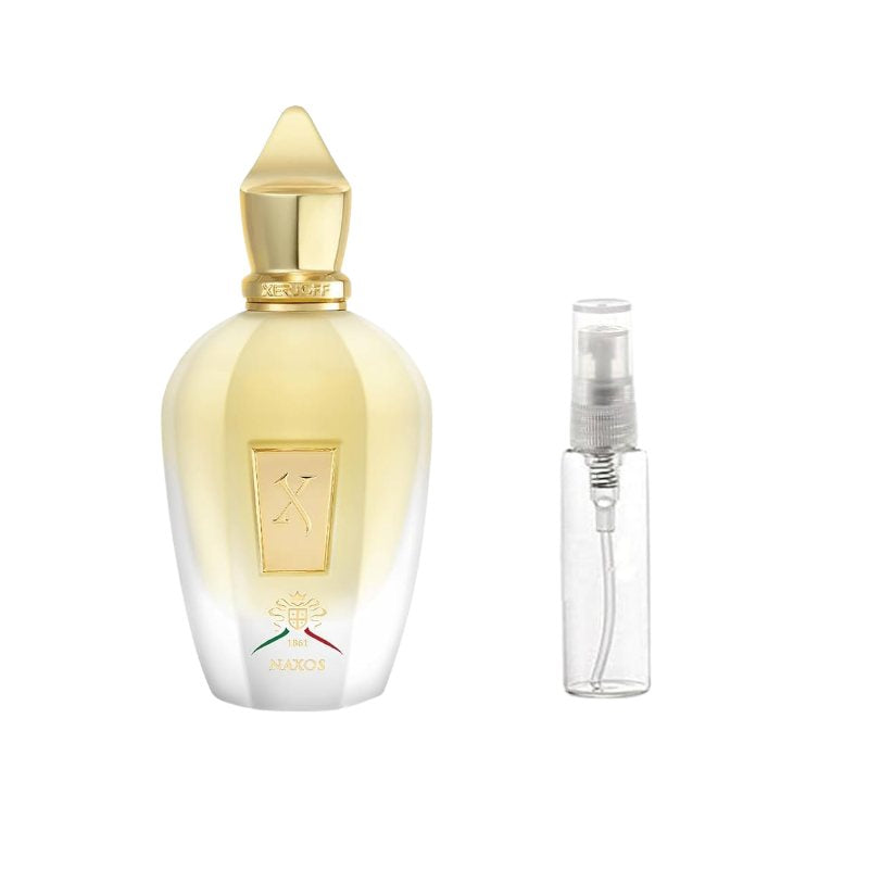 Eau de parfum bottle with gold cap next to clear spray vial