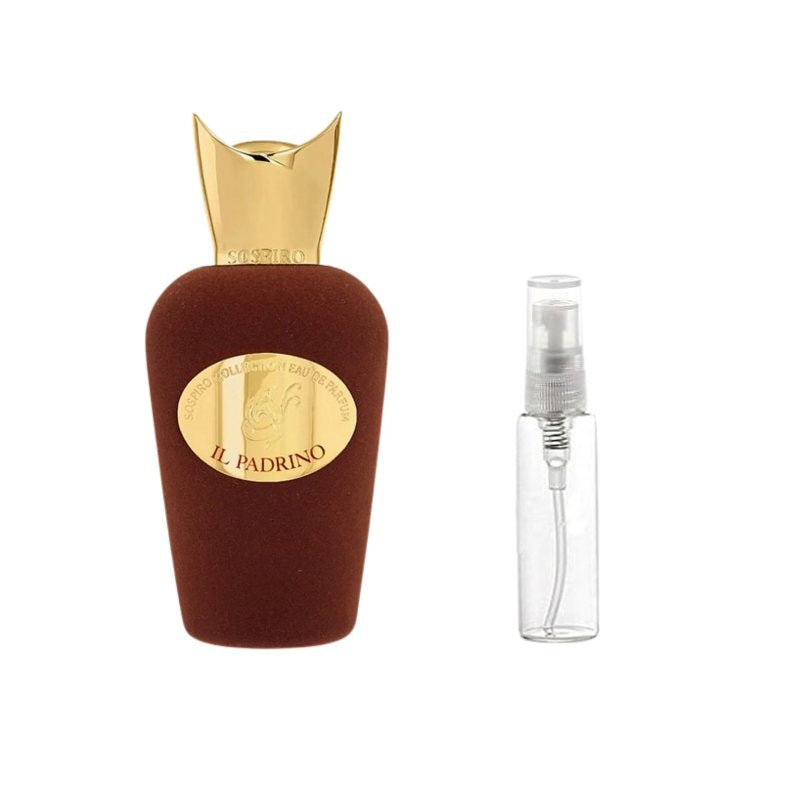 Brown velvet perfume sample bottle with gold cap plus clear spray vial with tube