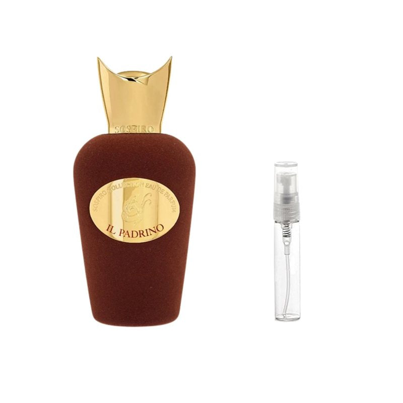 Brown velvet perfume sample bottle with gold cap plus tall clear 5 ml spray vial