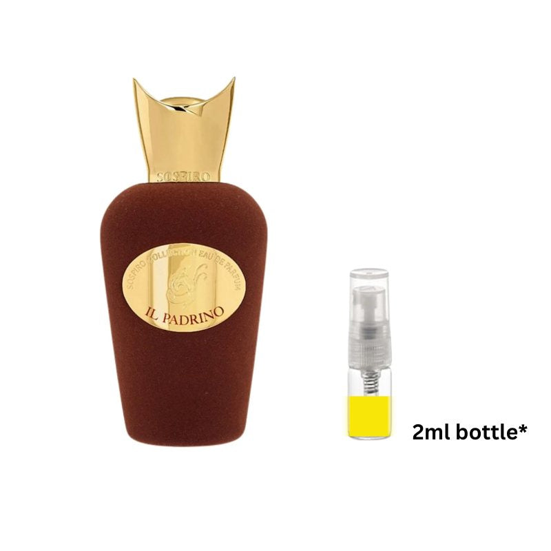 Brown velvet perfume sample bottle with gold cap plus 2 ml travel spray vial