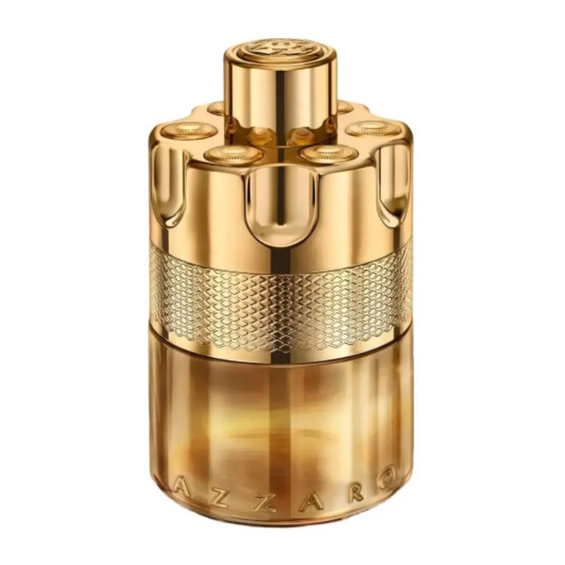 Gold-toned perfume elixir sample bottle with embossed band and round spray cap