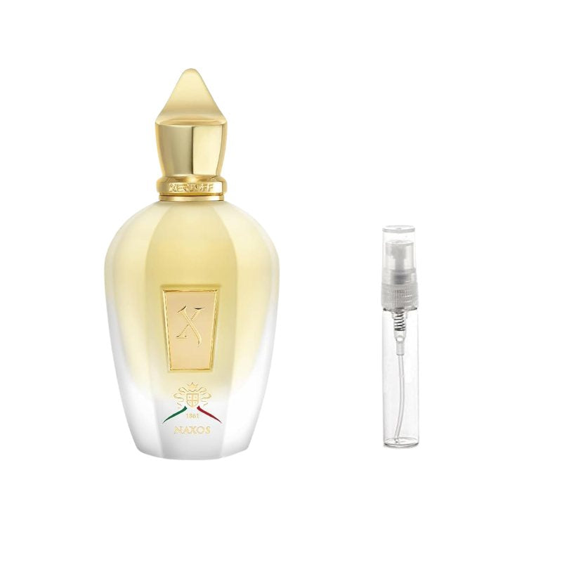 Eau de parfum bottle with gold cap with clear 2 ml spray vial