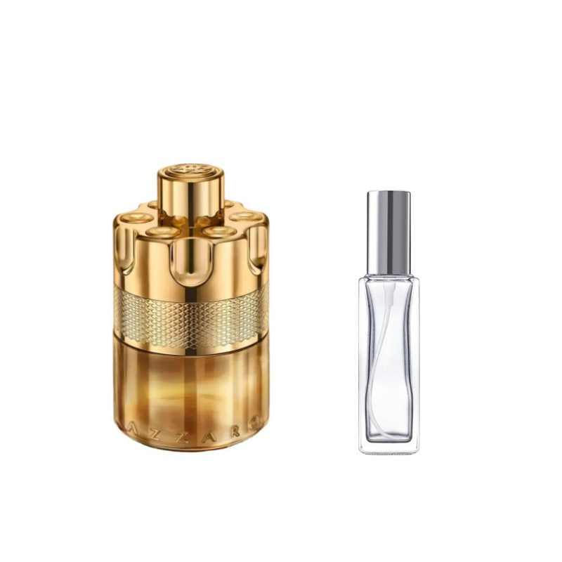 Gold perfume sample bottle with textured band and separate clear spray bottle with silver cap