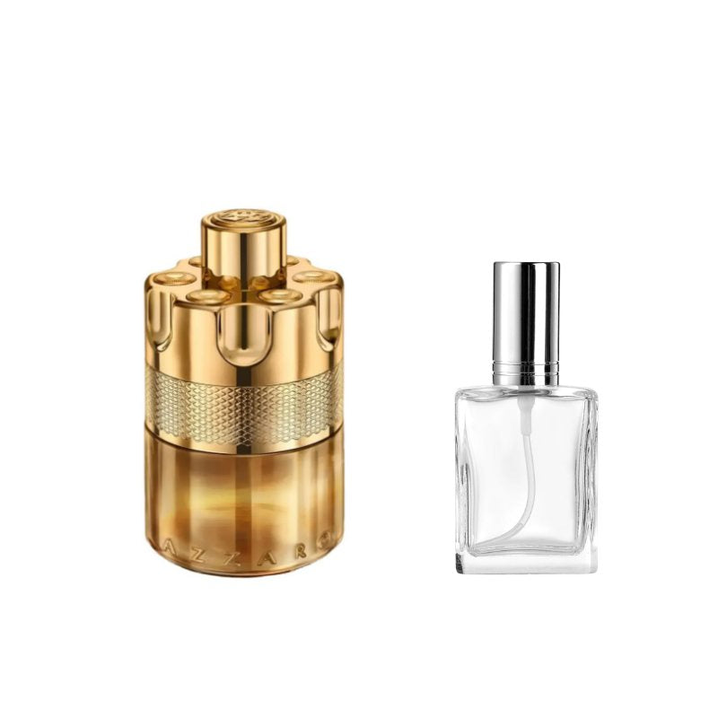 Gold perfume sample bottle with textured band and separate clear 2ml spray bottle