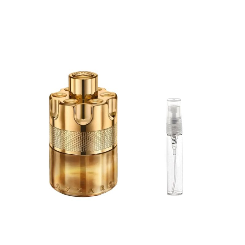 Gold perfume sample bottle with textured band and separate 2ml spray vial