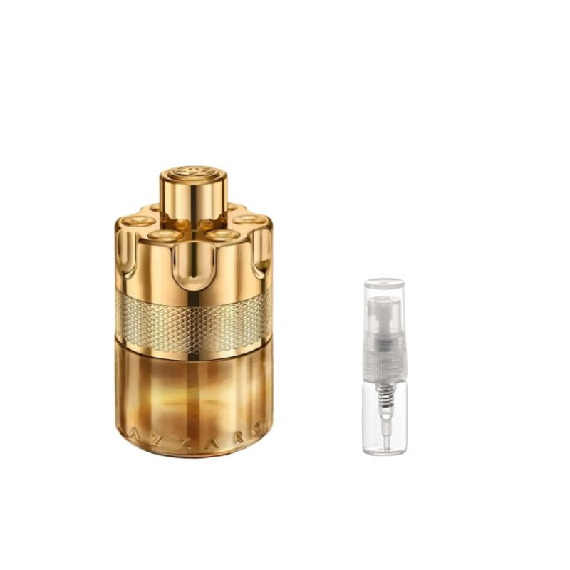Gold perfume sample bottle with textured band and separate 2ml spray vial