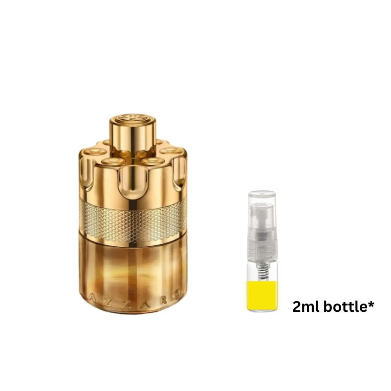 Gold perfume sample bottle with textured band and separate 2ml spray vial