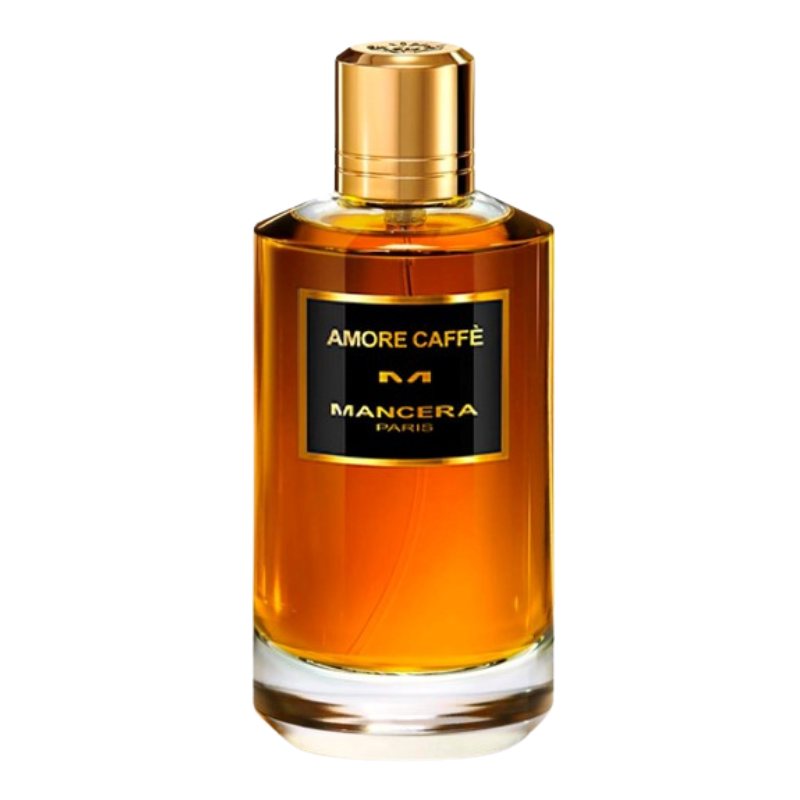Amber perfume sample bottle with gold cap and AMORE CAFE MAN CERA label
