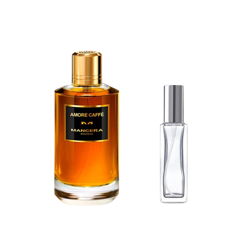 Amber perfume sample bottle with gold cap plus slim clear vial with silver cap
