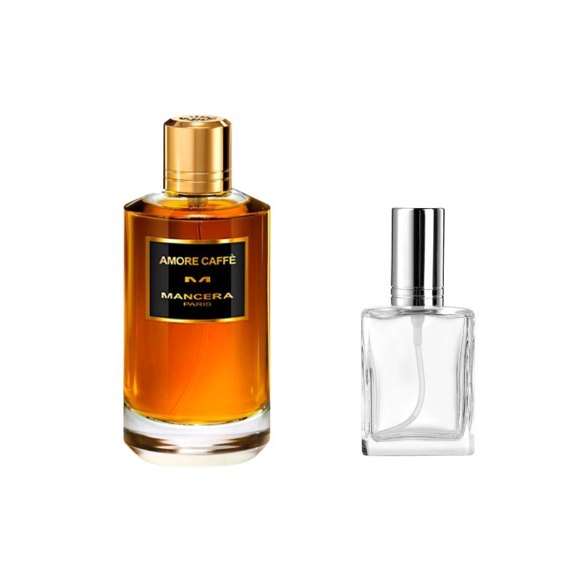 Amber perfume sample bottle with gold cap plus clear square vial with silver cap