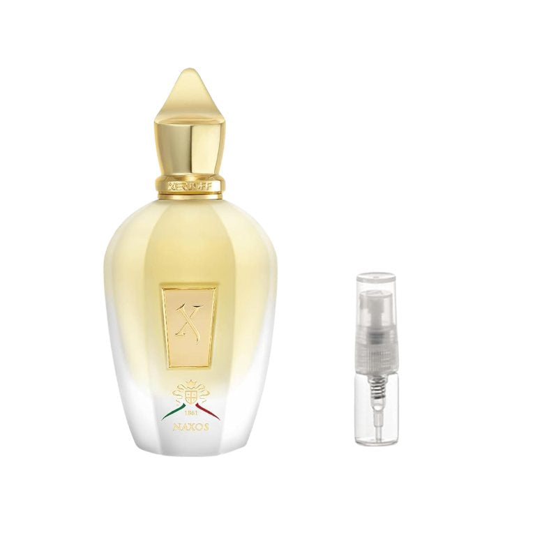 Eau de parfum bottle with gold cap beside clear 2 ml spray vial