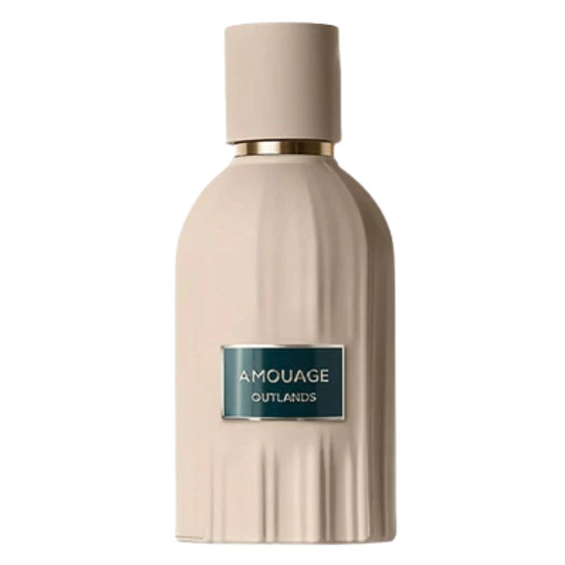 Amouage Outlands sample bottle with gold-toned cap and ribbed base
