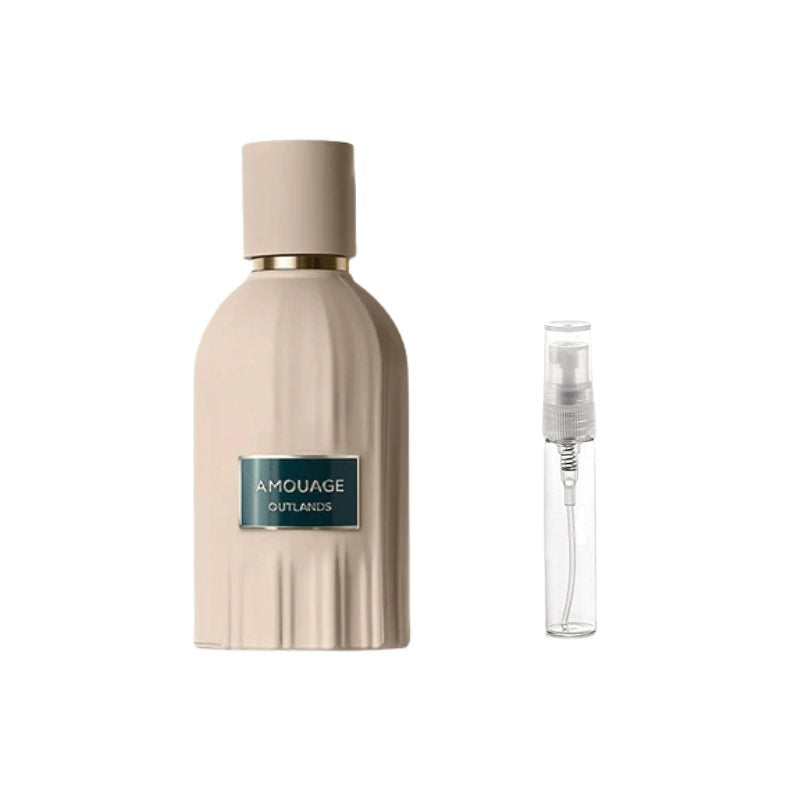 Perfume sample bottle with gold-toned cap with blue label and spray vial