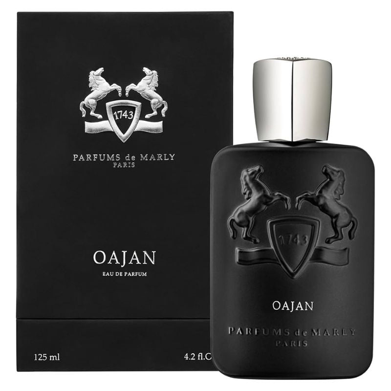 Oajan eau de parfum tester bottle, 125 ml, black glass with silver cap, boxed.