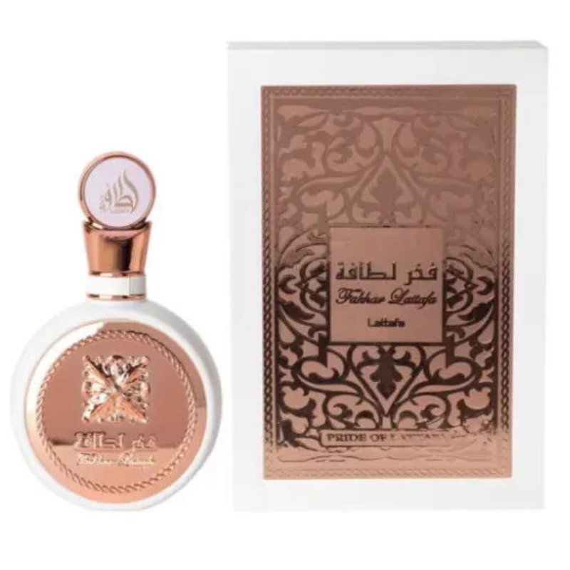 Women’s EDP perfume bottle with rose-gold cap and ornate brown gift box