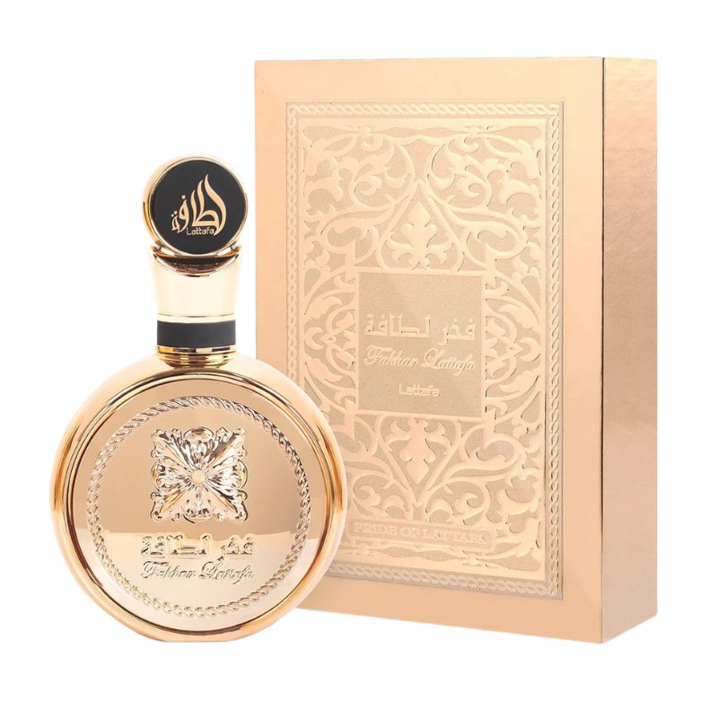 Gold unisex EDP bottle with black cap and ornate decorative package