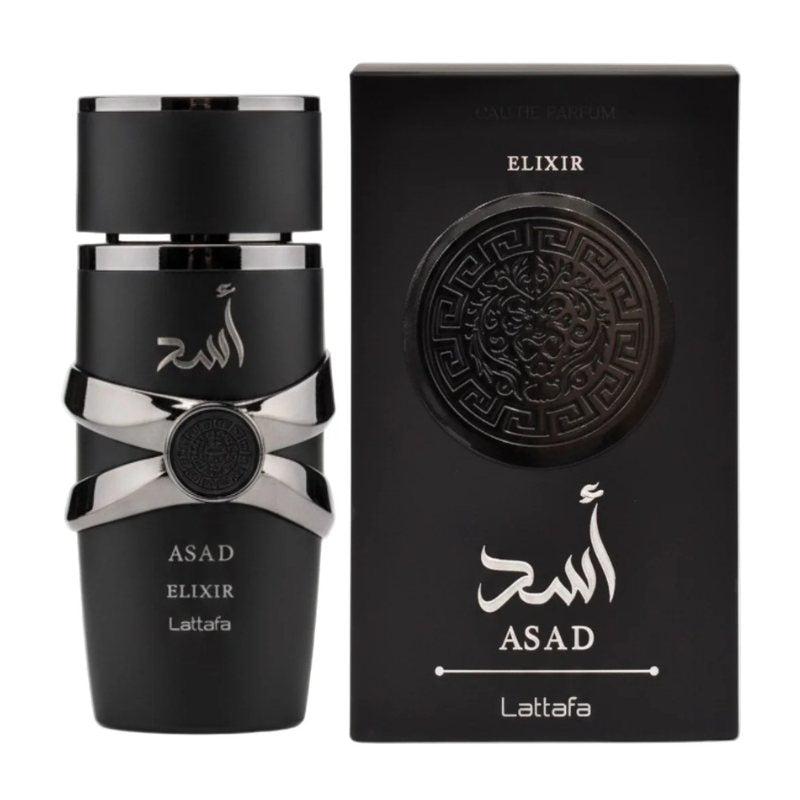 Black perfume bottle with metallic band, ASAD Elixir Lattafa label and matching box