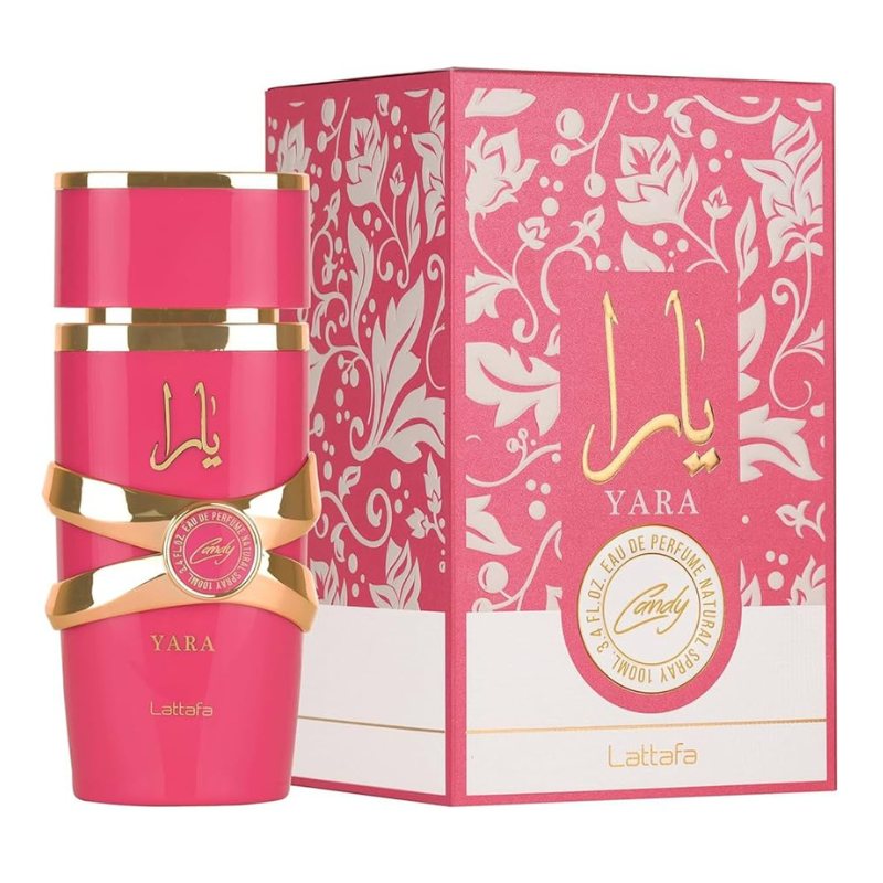 Lattafa Yara Candy EDP perfume, pink glass bottle with gold accents and matching gift box