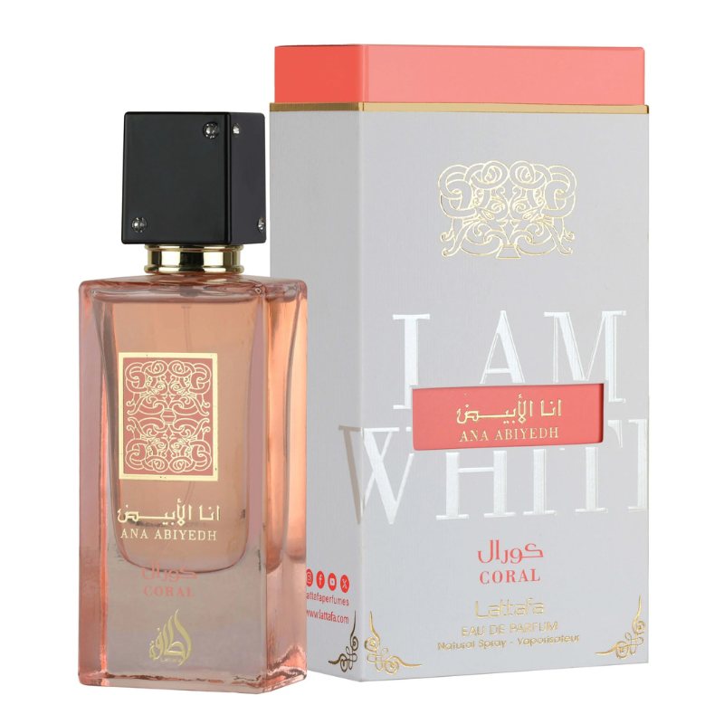 Lattafa Ana Abiyedh Coral EDP glass perfume bottle with box, pink coral liquid