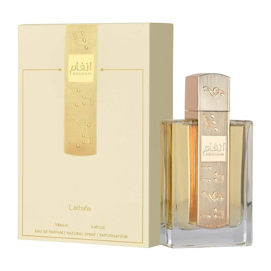 Lattafa Angham EDP 100ml perfume bottle with gold cap and matching box