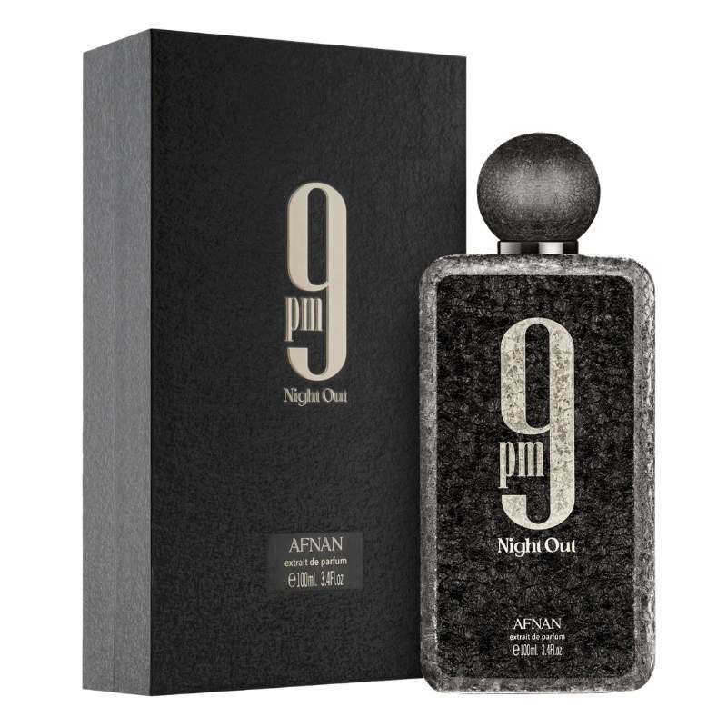 Afnan 9pm Night Out EDP spray bottle with dark box packaging