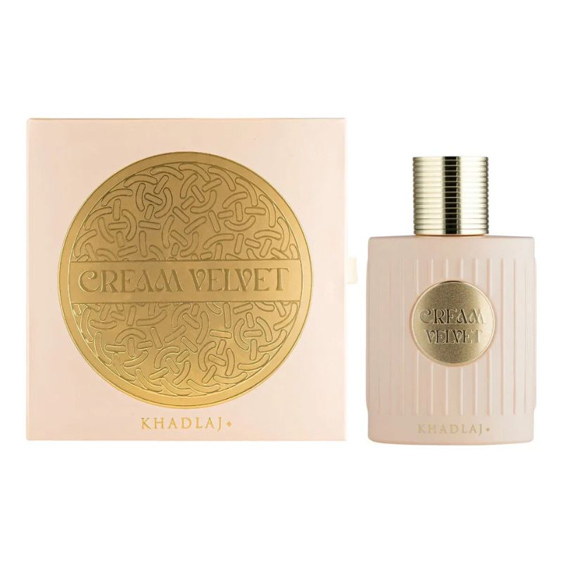 Cream velvet extrait de parfum 100ml bottle with gold cap and label beside gift box