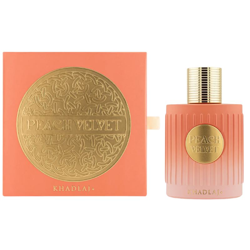 Khadlaj Peach Velvet extrait de parfum bottle with matching box, 100ml