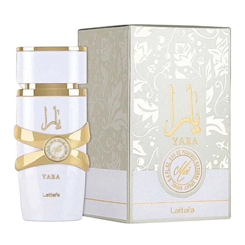 Women’s EDP perfume bottle with gold cap and matching ornate box, white and gold