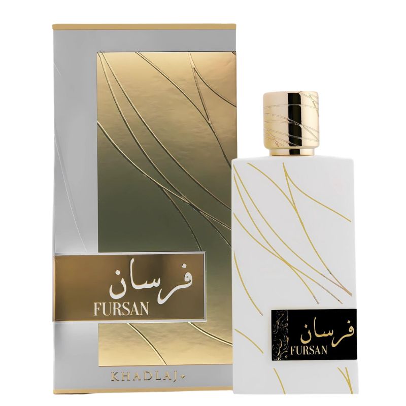 White EDP perfume bottle with gold cap, gold line accents, and matching box