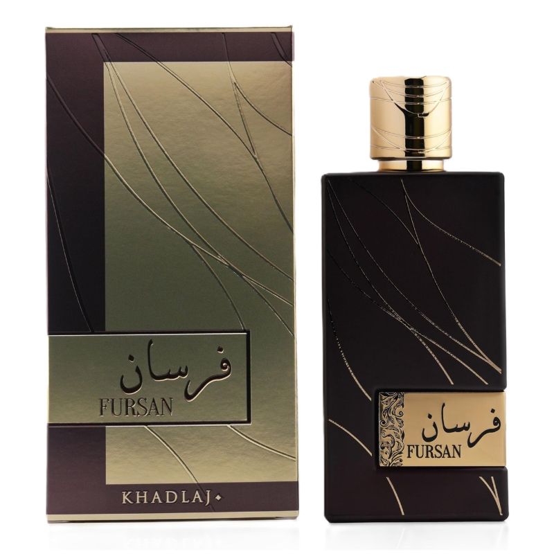 Khadlaj Fursan brown EDP perfume bottle with gold cap and matching box