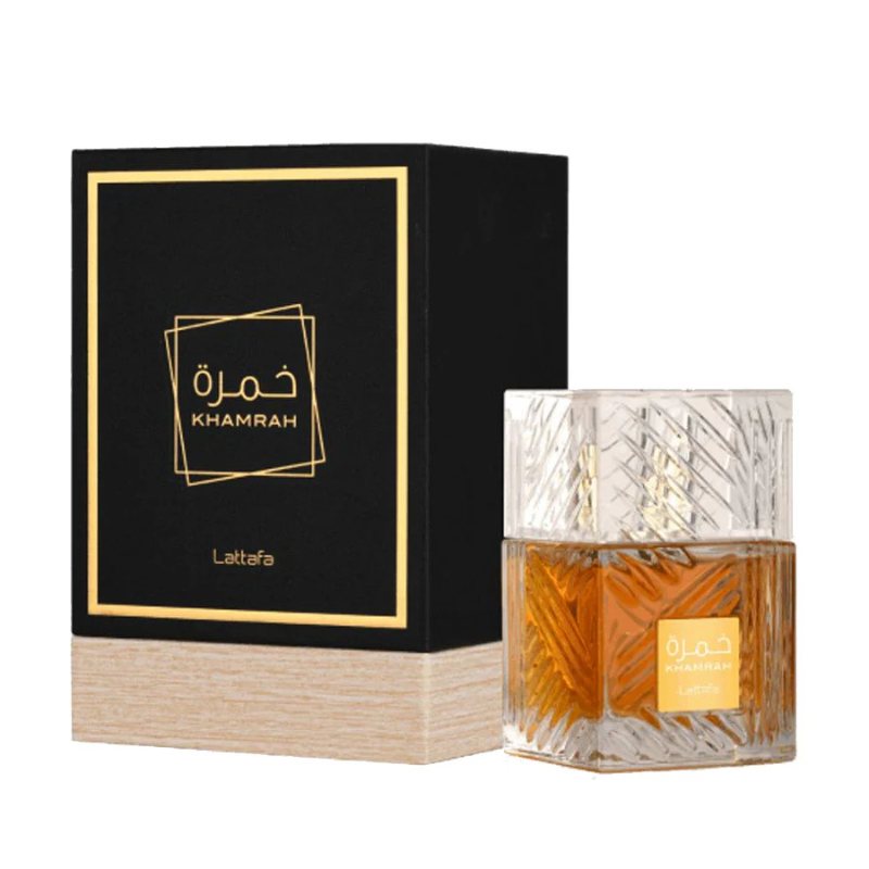 Lattafa Khamrah EDP 100ml amber glass perfume bottle with box