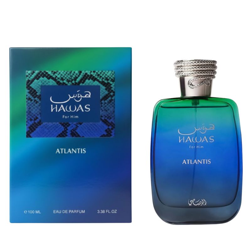 Hawas Atlantis eau de parfum 100 ml bottle with box, blue-green glass and silver cap