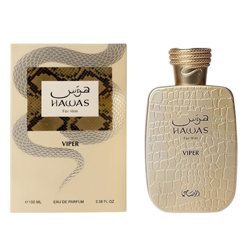Hawas Viper eau de parfum bottle with gold cap and textured glass, 100 ml