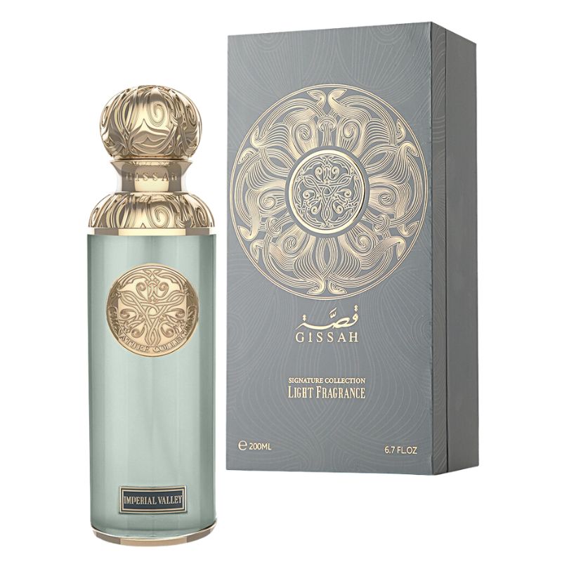 Eau de Parfum bottle and box, 200ml; gold cap and ornate label on pale aqua glass