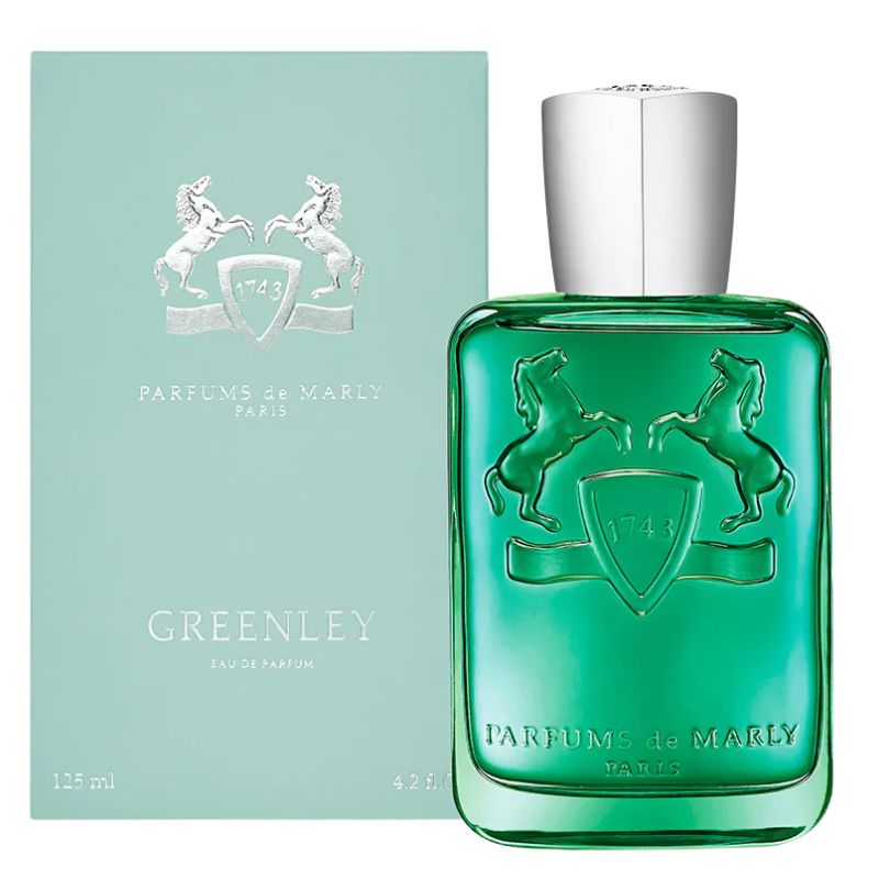 Parfums De Marly Greenley EDP tester, green glass bottle with silver cap and teal box