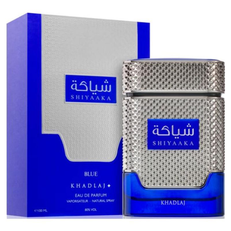 Blue Eau de Parfum spray bottle with textured silver cap and blue base label