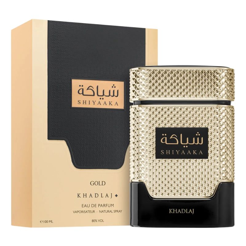 Khadlaj Shiyaaka Gold eau de parfum bottle, 100ml, textured gold cap and label