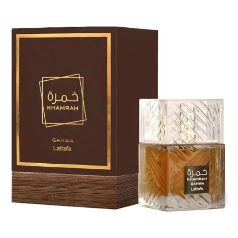 Lattafa Khamrah Qahwa EDP perfume bottle and gift box