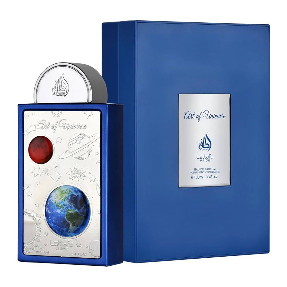 Lattafa Art of Universe 100ml eau de parfum bottle and blue box