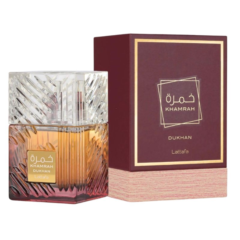 Perfume bottle with amber glass and matching Khamrah Dukhan box, 100 ml